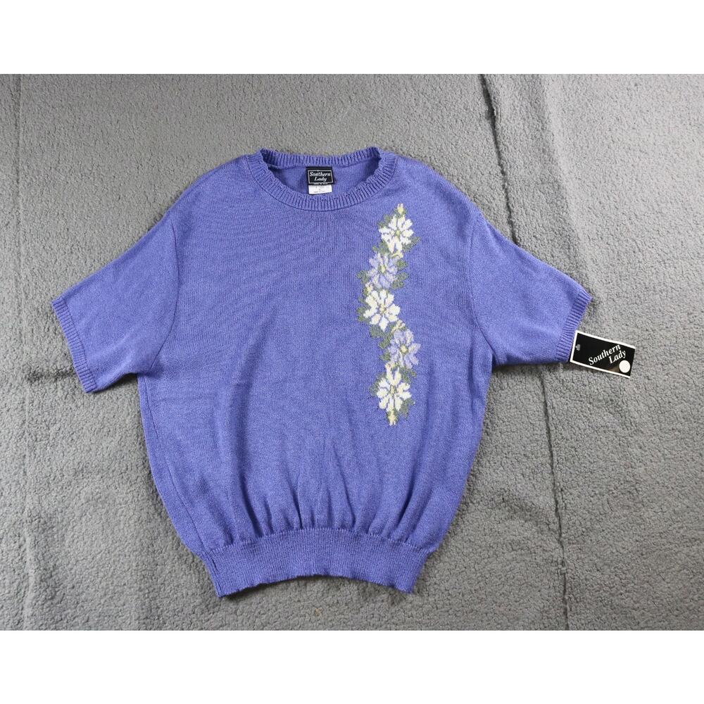 Vintage Southern Lady Sweater XL Purple Floral Embroidered Short Sleeve USA